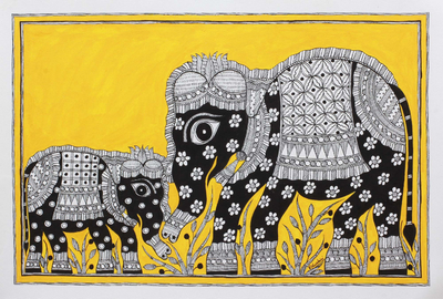 Madhubani-Gemälde - Indien Madhubani Volkskunstgemälde von Elefanten in Gelb