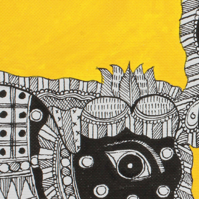 Madhubani painting, 'Absolute Bonding' - India Madhubani Folk Art Painting of Elephants in Yellow