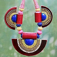 Cotton and ceramic pendant necklace, 'Eastern Suns' - Ceramic Pendants on Artisan Crafted Indian Cotton Necklace