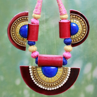 Collar colgante de algodón y cerámica - Colgantes de cerámica en collar de algodón indio hecho a mano artesanalmente