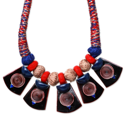 Cotton and ceramic pendant necklace, 'Elements of Nature' - Cotton and Ceramic Artisan Crafted Necklace from India