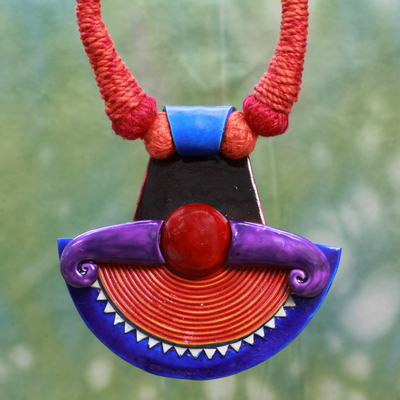 Cotton and ceramic pendant necklace, 'Sun Energy' - Hand Made Ceramic Cotton Necklace Red Orange from India