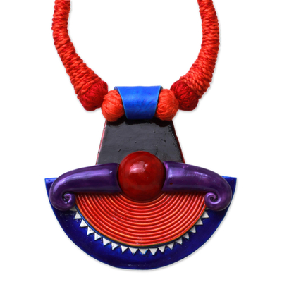 Collar colgante de algodón y cerámica - Collar de algodón de cerámica hecho a mano rojo naranja de la India
