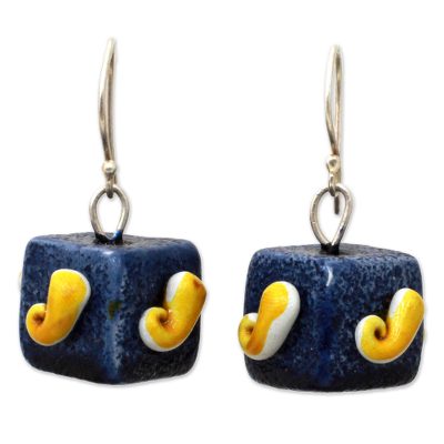 Hand Made Ceramic Dangle Earrings Blue Cubes from India