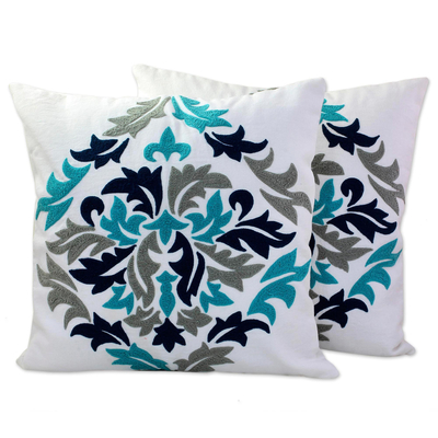 Cotton cushion covers, 'Fresh Leaves' (pair) - Embroidered Cotton Cushion Covers Made in India (Pair)