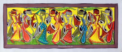 Patachitra painting, 'The Santhal Tribe II' - Signed Patachitra Painting with Natural Dyes of Tribal Dance