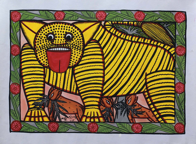 pintura patachitra - Original firmado Patachitra pintura tigre de Bengala de la India