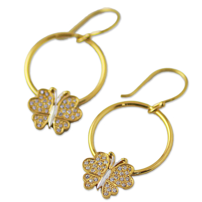 Gold plated dangle earrings, 'Butterfly Grandeur' - Gold Plated 925 Silver & Cubic Zirconia Butterfly Earrings