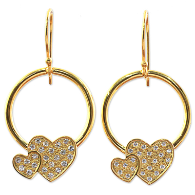 Gold plated dangle earrings, 'Adorable Hearts' - Gold Plated 925 Silver & Cubic Zirconia Butterfly Earrings