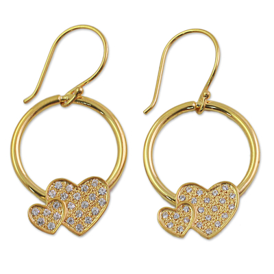 Gold plated dangle earrings, 'Adorable Hearts' - Gold Plated 925 Silver & Cubic Zirconia Butterfly Earrings