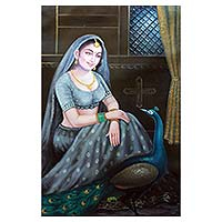 'Royal Queen' - Signed Painting of Beautiful Queen of Jaipur with Peacock