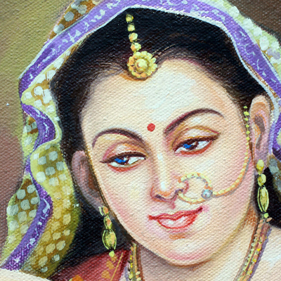 'Esperando la llegada del rey' - Hermosa reina Jaipuri vestida de rojo, pintura firmada de la India