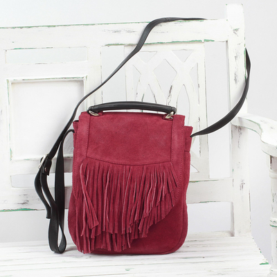 Adjustable Fringed Crimson Suede Shoulder Bag from India - Fringed