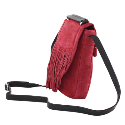 Suede shoulder bag, 'Fringed Magic' - Adjustable Fringed Crimson Suede Shoulder Bag from India