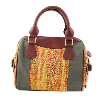 Leather Accent Cotton Handle Handbag from India