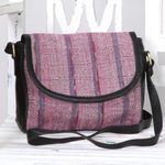 Leather accented cotton messenger bag, 'Sunlight Raisin' - Leather Accented Cotton Messenger Bag in Raisin from India