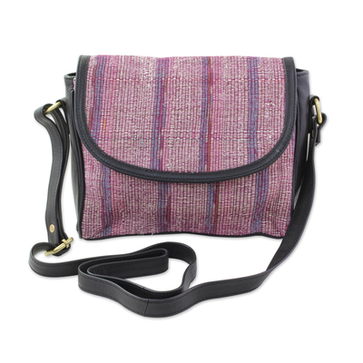Leather accented cotton messenger bag, 'Sunlight Raisin' - Leather Accented Cotton Messenger Bag in Raisin from India