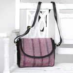 Leather accented cotton messenger bag, 'Sunlight Raisin' - Leather Accented Cotton Messenger Bag in Raisin from India