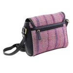 Leather accented cotton messenger bag, 'Sunlight Raisin' - Leather Accented Cotton Messenger Bag in Raisin from India