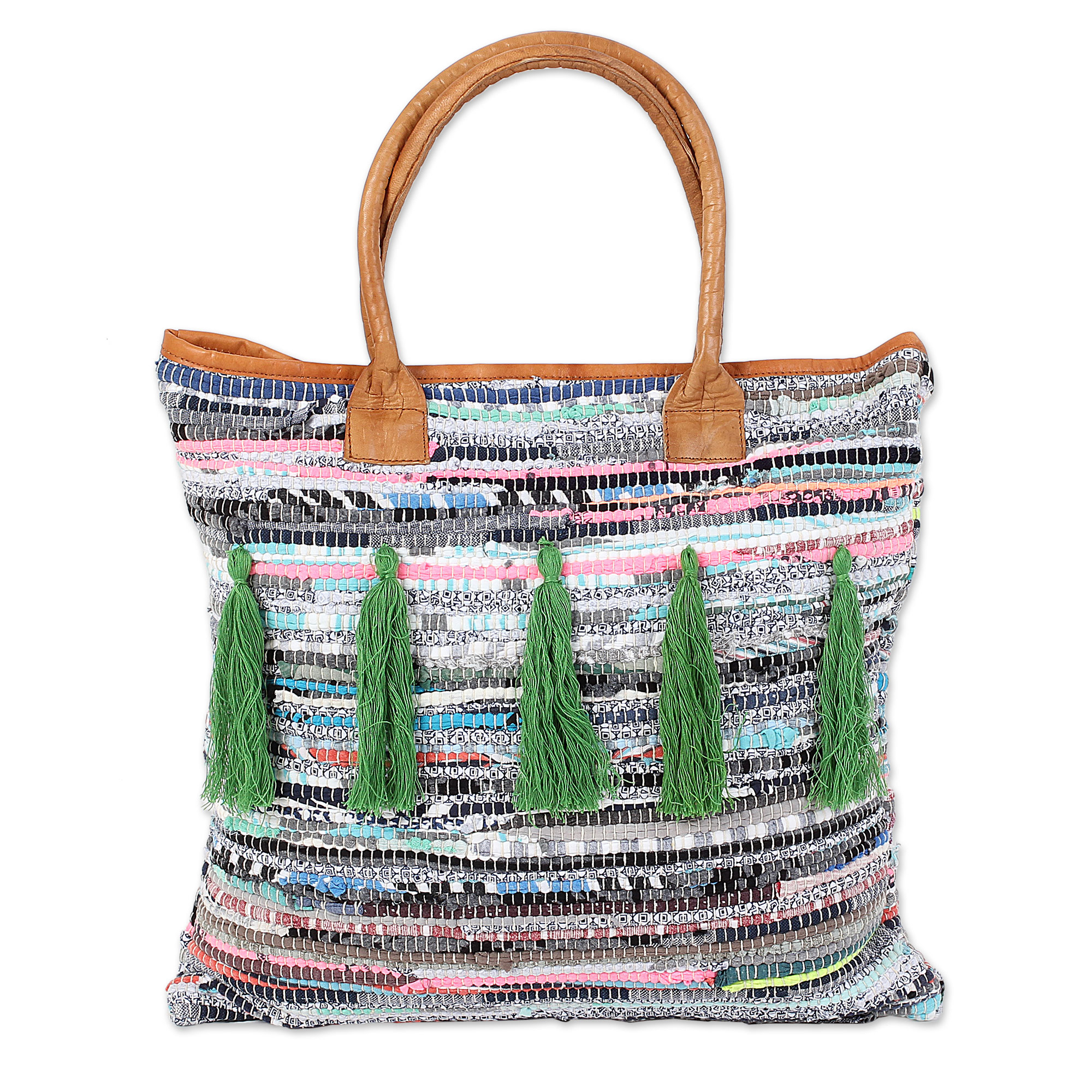 UNICEF Market | Leather Accent Recycled Cotton Tote Handbag from India - Tassel Beauty