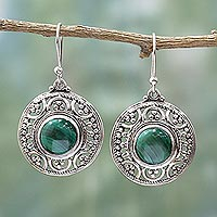 Malachite dangle earrings, 'Graceful Green' - Sterling Silver Malachite Dangle Earrings from India