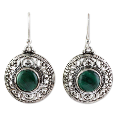 Malachite dangle earrings, 'Graceful Green' - Sterling Silver Malachite Dangle Earrings from India