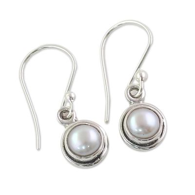 Cultured pearl dangle earrings, 'Purest Love' - Sterling Silver Cultured Pearl Dangle Earrings from India