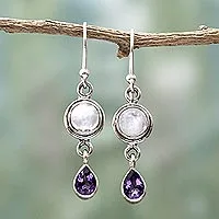 Amethyst and rainbow moonstone dangle earrings, 'Purple Droplets'