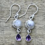 Amethyst and rainbow moonstone dangle earrings, 'Purple Droplets' - Amethyst Rainbow Moonstone Dangle Earrings from India