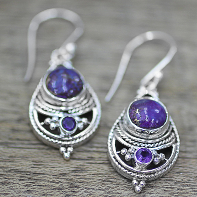 Amethyst dangle earrings, 'Wise Purple' - Amethyst Composite Turquoise Dangle Earrings from India