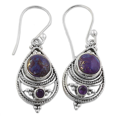 Amethyst dangle earrings, 'Wise Purple' - Amethyst Composite Turquoise Dangle Earrings from India