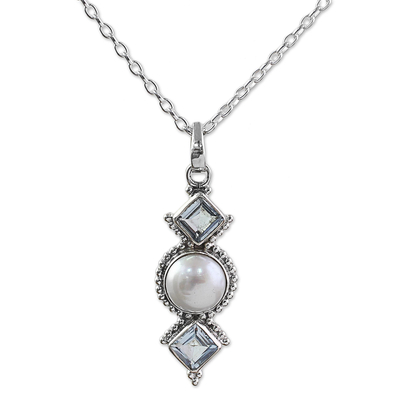 Cultured pearl and blue topaz pendant necklace, 'Blue Rays' - Cultured Pearl Blue Topaz Pendant Necklace from India