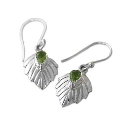 Peridot dangle earrings, 'Gleaming Leaves' - Peridot Sterling Silver Leaf Dangle Earrings from India
