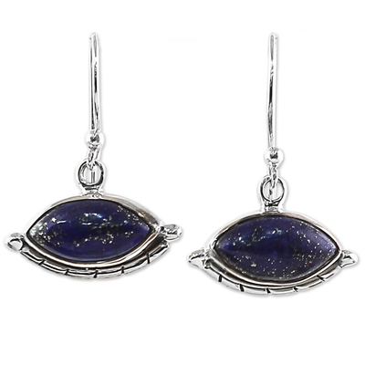 Lapis lazuli dangle earrings, 'Protective Eyes in Blue' - Sterling Silver Lapis Lazuli Dangle Earrings from India