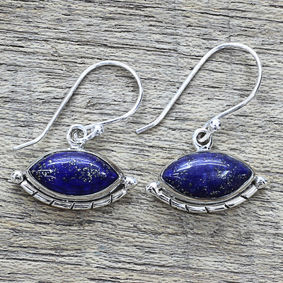Lapis lazuli dangle earrings, 'Protective Eyes in Blue' - Sterling Silver Lapis Lazuli Dangle Earrings from India