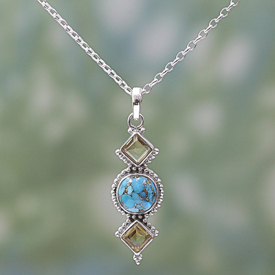 Citrine pendant necklace, 'Captivating Sky' - Citrine and Composite Turquoise Pendant Necklace from India