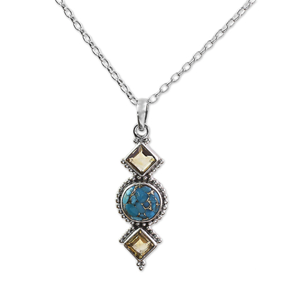 Citrine pendant necklace, 'Captivating Sky' - Citrine and Composite Turquoise Pendant Necklace from India