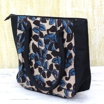 Batik cotton tote handbag, 'Teal Spring' - 100% Cotton Batik Tote Handbag in Teal from India
