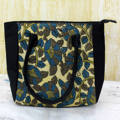 Batik cotton tote handbag, 'Floral Thicket in Olive' - 100% Cotton Batik Tote Handbag in Teal and Olive India