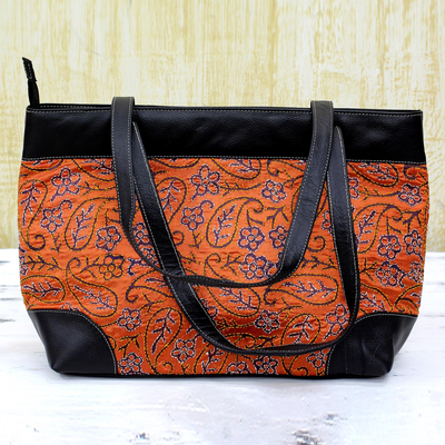 Leather accented silk shoulder bag, 'Majestic Pumpkin' - Kantha Embroidered Silk Shoulder Bag in Pumpkin from India