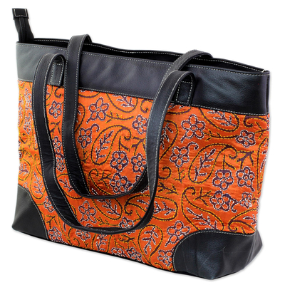 Leather accented silk shoulder bag, 'Majestic Pumpkin' - Kantha Embroidered Silk Shoulder Bag in Pumpkin from India