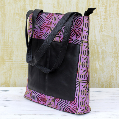 Leather accent silk shoulder bag, 'Majestic Wisteria' - Kantha Embroidered Silk Shoulder Bag in Wisteria from India