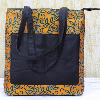 Leather accent silk shoulder bag, 'Divine Sunrise' - Kantha Embroidered Silk Shoulder Bag in Sunrise from India