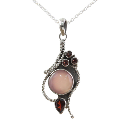 Garnet and chalcedony pendant necklace, 'Shades of Red' - Hand Made Garnet Chalcedony Pendant Necklace from India