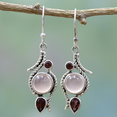 Garnet and chalcedony dangle earrings, 'Shades of Red' - Hand Made Garnet Chalcedony Dangle Earrings from India