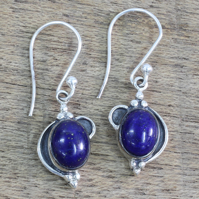 Lapis lazuli dangle earrings, 'Blue Ovals' - Hand Made Sterling Silver Lapis Lazuli Dangle Earrings India