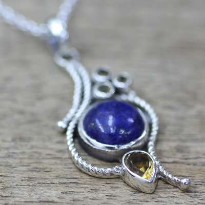 Citrine and lapis lazuli pendant necklace, 'Starry Bliss' - Hand Made Citrine Lapis Lazuli Pendant Necklace from India