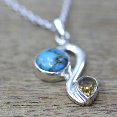 Citrine pendant necklace, 'Sparkling Planet' - Citrine Composite Turquoise Pendant Necklace from India