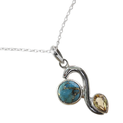 Citrine pendant necklace, 'Sparkling Planet' - Citrine Composite Turquoise Pendant Necklace from India
