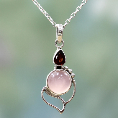 Garnet and chalcedony pendant necklace, 'Pink Crest' - Garnet Chalcedony Sterling Silver Pendant Necklace India